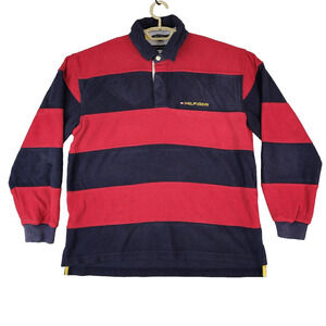 Vintage Tommy Hilfiger Fleece Mens Large Red Blue Rugby‎ Stripe Pullover 2002